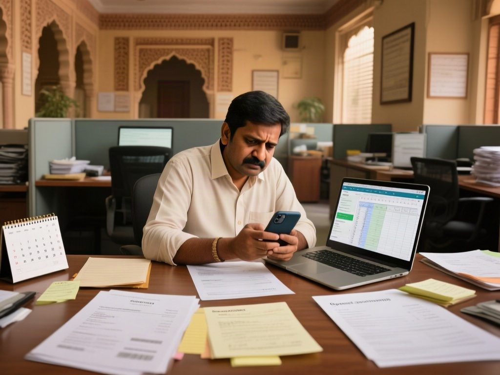 A business owner at a desk checking his phone, surrounded by paperwork, sticky notes, a calendar and a laptop spreadsheet